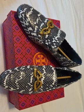 Tory Burch Black White Roccia Jessica Loafer Land Snake Skin Black White W  gold